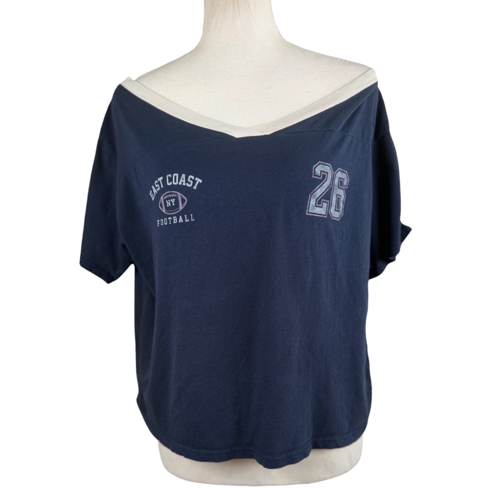 Y2K Off Shoulder Football Jersey Hollister Womens S Navy Blue 26 Graphic Varsity